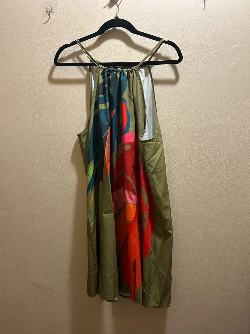 Olive Green Halter Maxi Dress with Multicolor Print